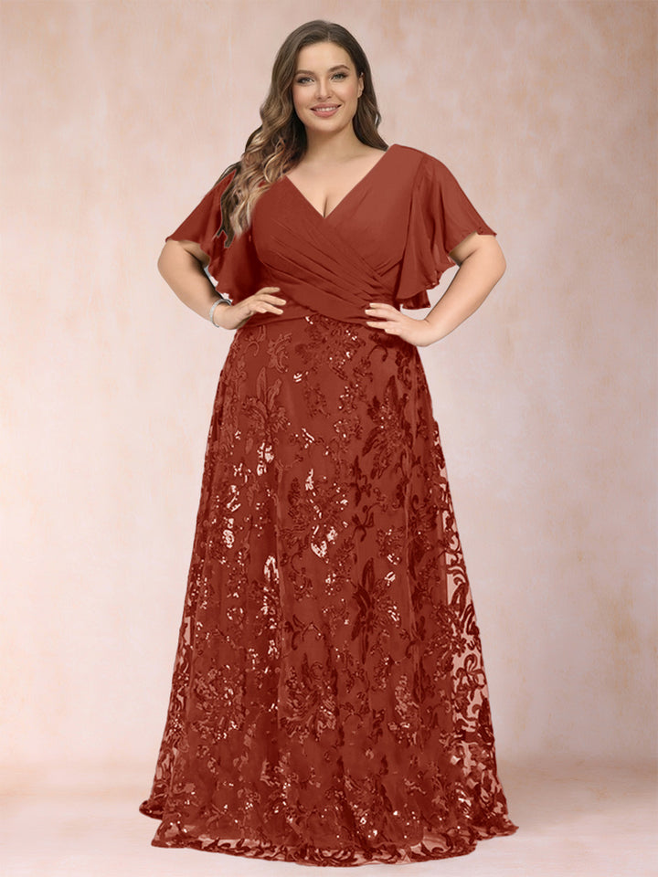 A-Line/Princess Floor-Length Short Sleeves V-Neck Plus Size Mother of the Bride Dresses