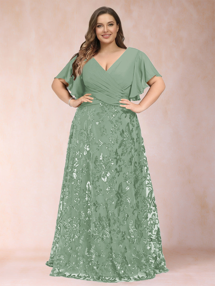 A-Line/Princess Floor-Length Short Sleeves V-Neck Plus Size Mother of the Bride Dresses