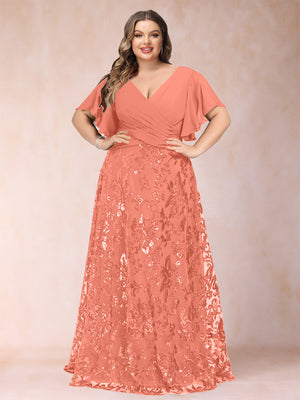 A-Line/Princess Floor-Length Short Sleeves V-Neck Plus Size Mother of the Bride Dresses