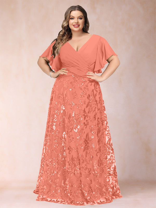 A-Line/Princess Floor-Length Short Sleeves V-Neck Plus Size Mother of the Bride Dresses