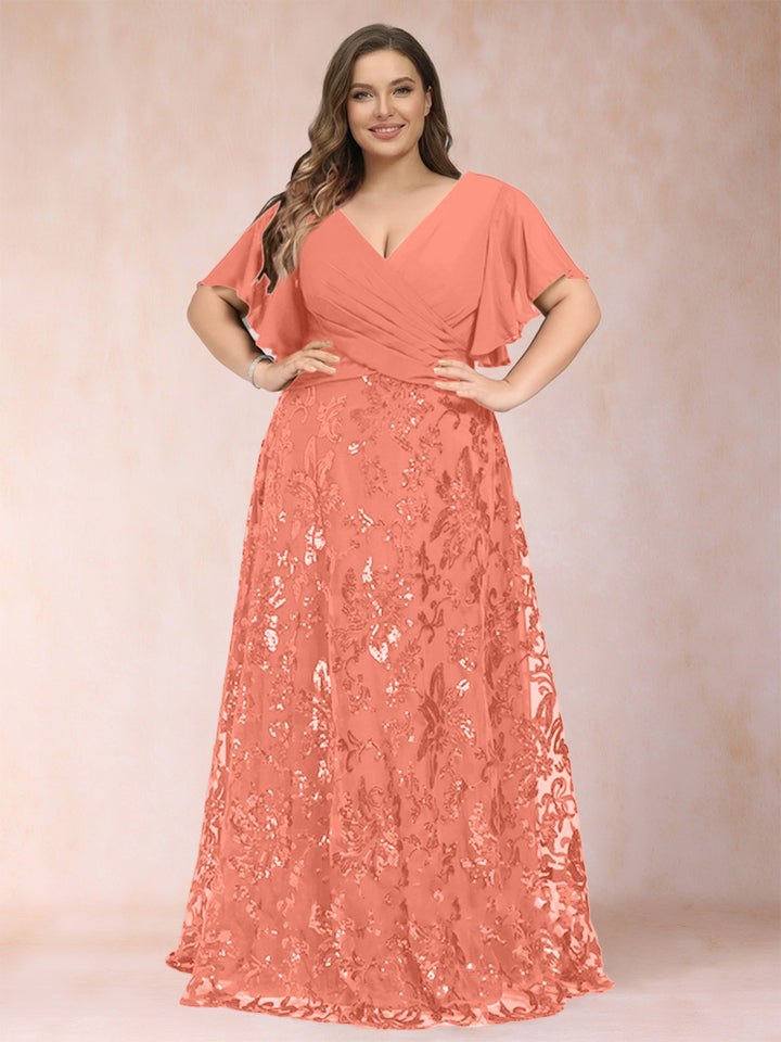 A-Line/Princess Floor-Length Short Sleeves V-Neck Plus Size Mother of the Bride Dresses