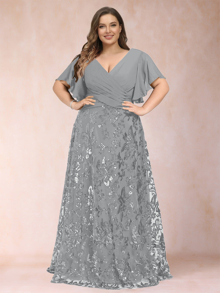 A-Line/Princess Floor-Length Short Sleeves V-Neck Plus Size Mother of the Bride Dresses