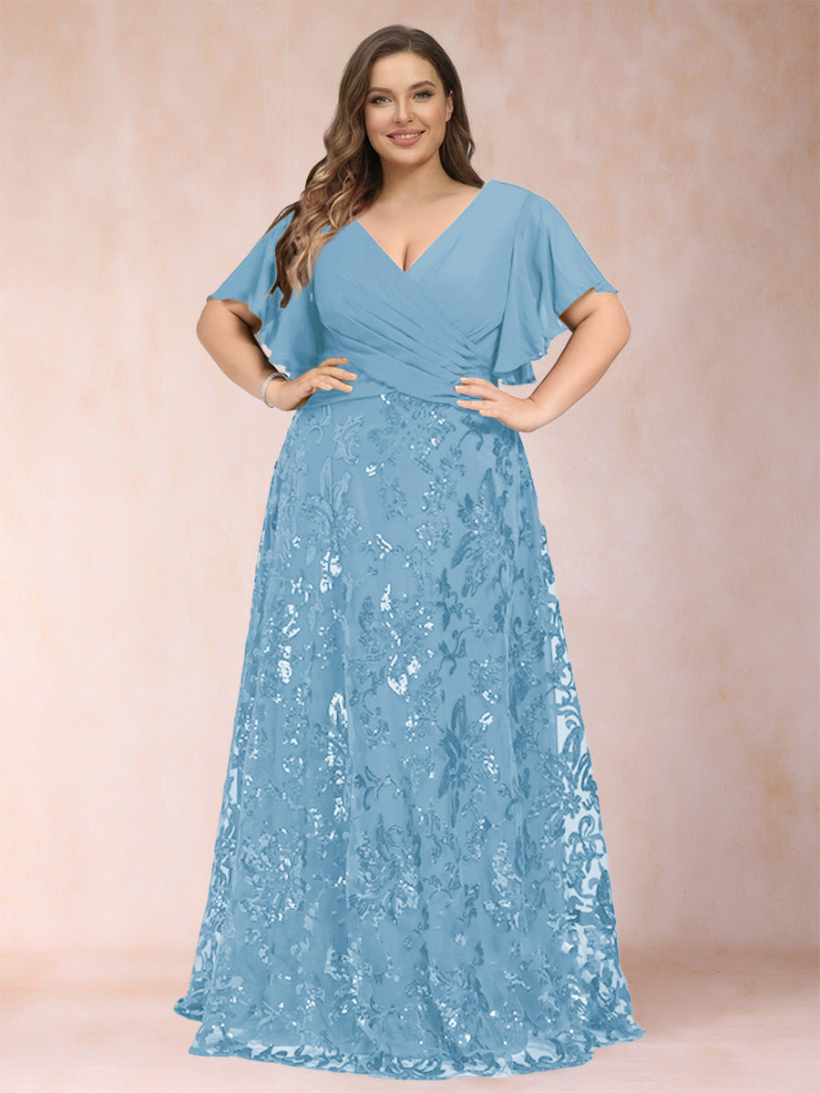 A-Line/Princess Floor-Length Short Sleeves V-Neck Plus Size Mother of the Bride Dresses