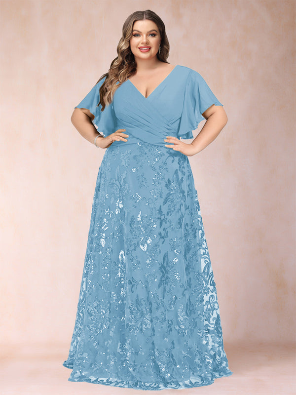 A-Line/Princess Floor-Length Short Sleeves V-Neck Plus Size Mother of the Bride Dresses
