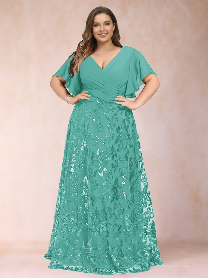 A-Line/Princess Floor-Length Short Sleeves V-Neck Plus Size Mother of the Bride Dresses