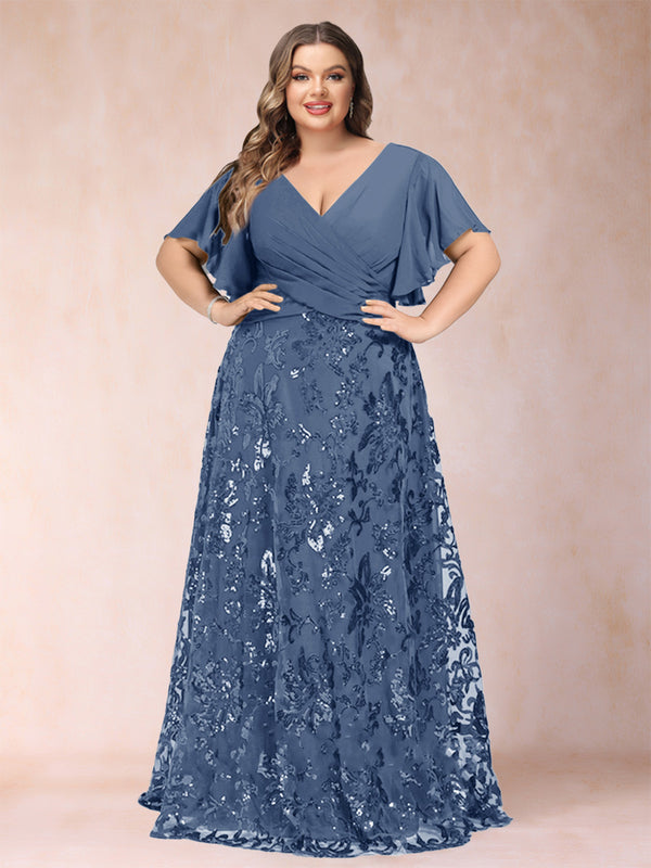 A-Line/Princess Floor-Length Short Sleeves V-Neck Plus Size Mother of the Bride Dresses