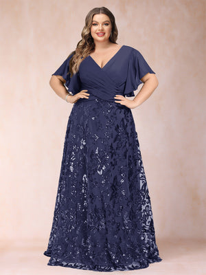 A-Line/Princess Floor-Length Short Sleeves V-Neck Plus Size Mother of the Bride Dresses