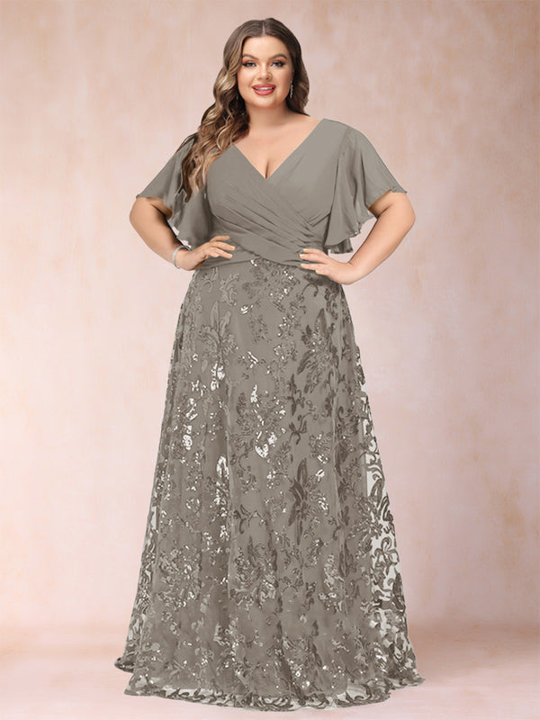 A-Line/Princess Floor-Length Short Sleeves V-Neck Plus Size Mother of the Bride Dresses