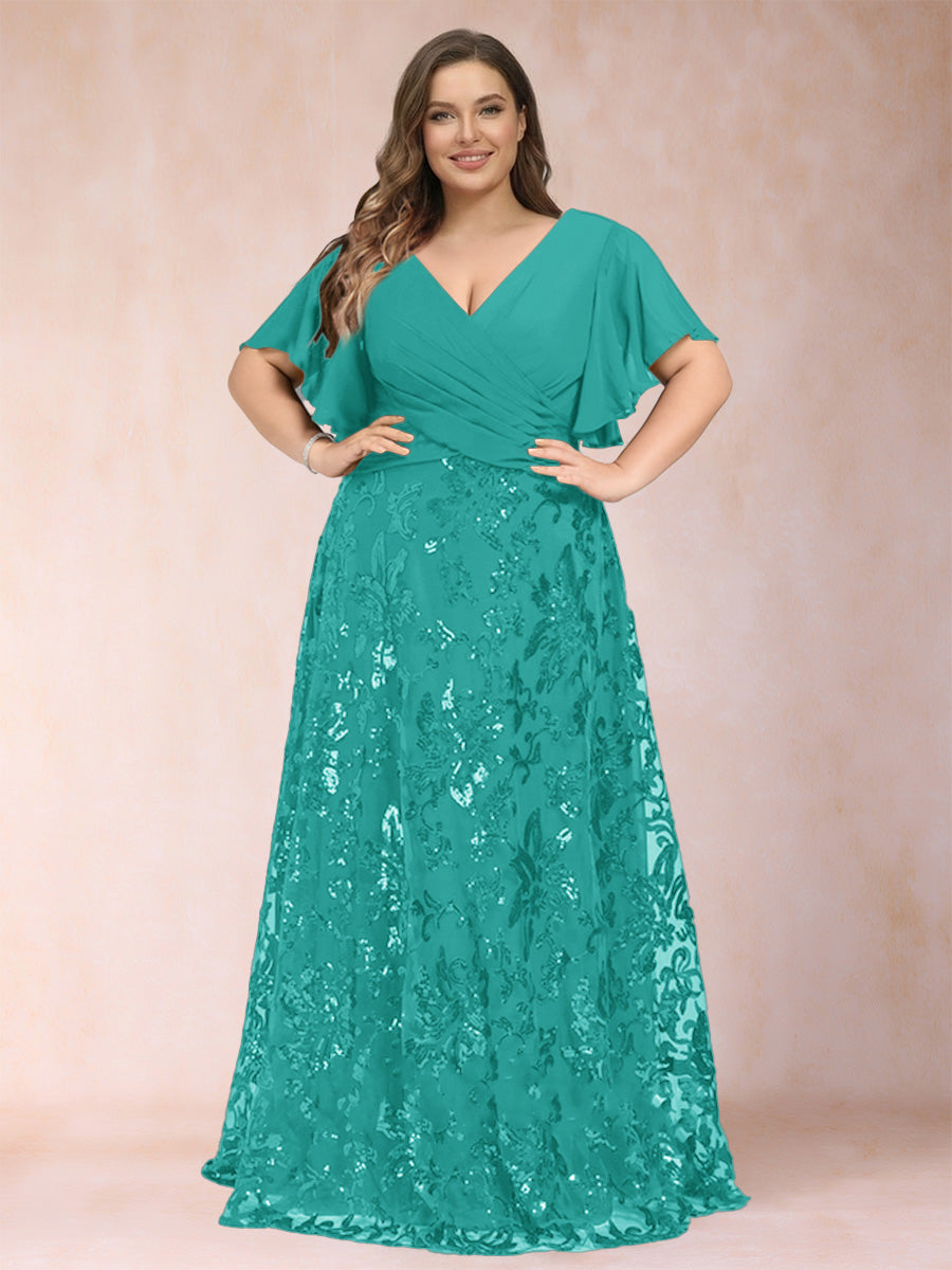 A-Line/Princess Floor-Length Short Sleeves V-Neck Plus Size Mother of the Bride Dresses