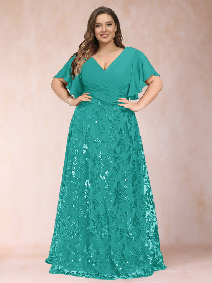 A-Line/Princess Floor-Length Short Sleeves V-Neck Plus Size Mother of the Bride Dresses