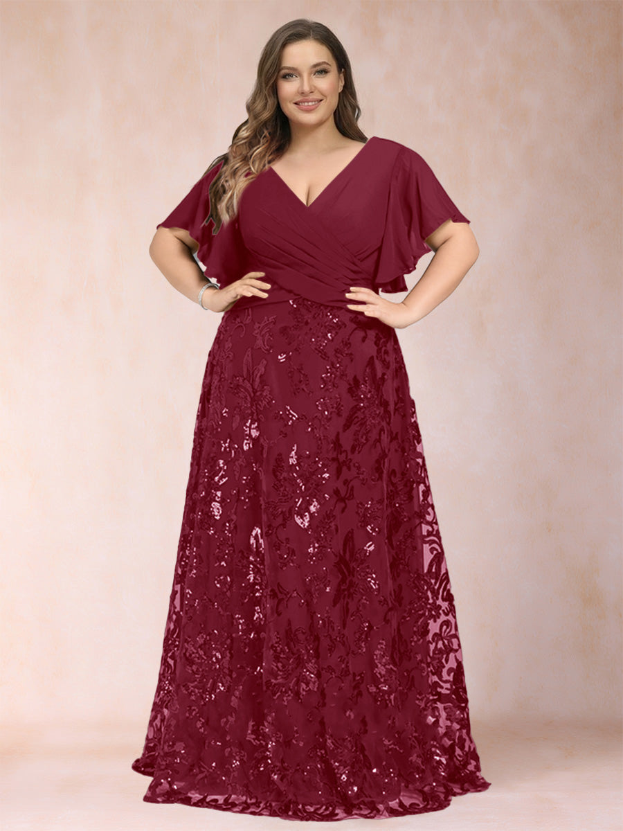 A-Line/Princess Floor-Length Short Sleeves V-Neck Plus Size Mother of the Bride Dresses