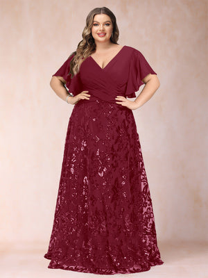 A-Line/Princess Floor-Length Short Sleeves V-Neck Plus Size Mother of the Bride Dresses