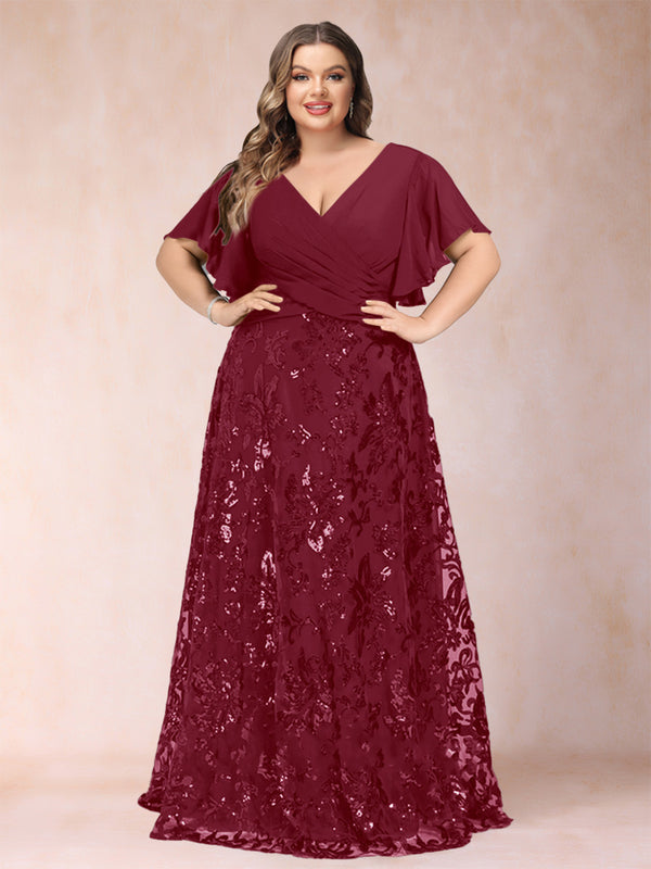 A-Line/Princess Floor-Length Short Sleeves V-Neck Plus Size Mother of the Bride Dresses