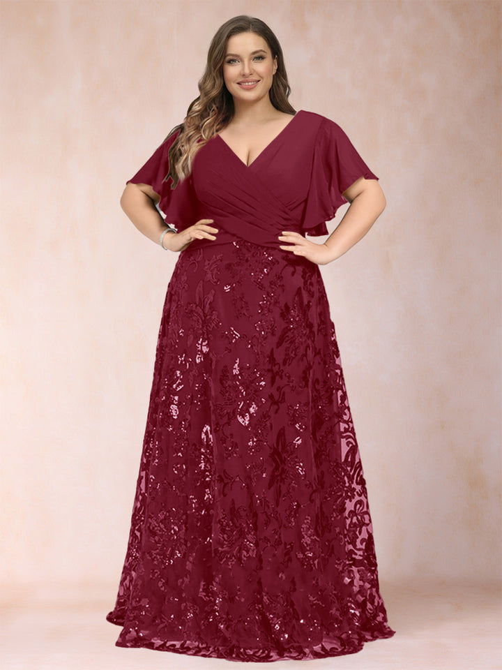 A-Line/Princess Floor-Length Short Sleeves V-Neck Plus Size Mother of the Bride Dresses