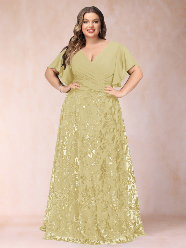 A-Line/Princess Floor-Length Short Sleeves V-Neck Plus Size Mother of the Bride Dresses
