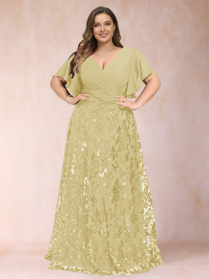 A-Line/Princess Floor-Length Short Sleeves V-Neck Plus Size Mother of the Bride Dresses