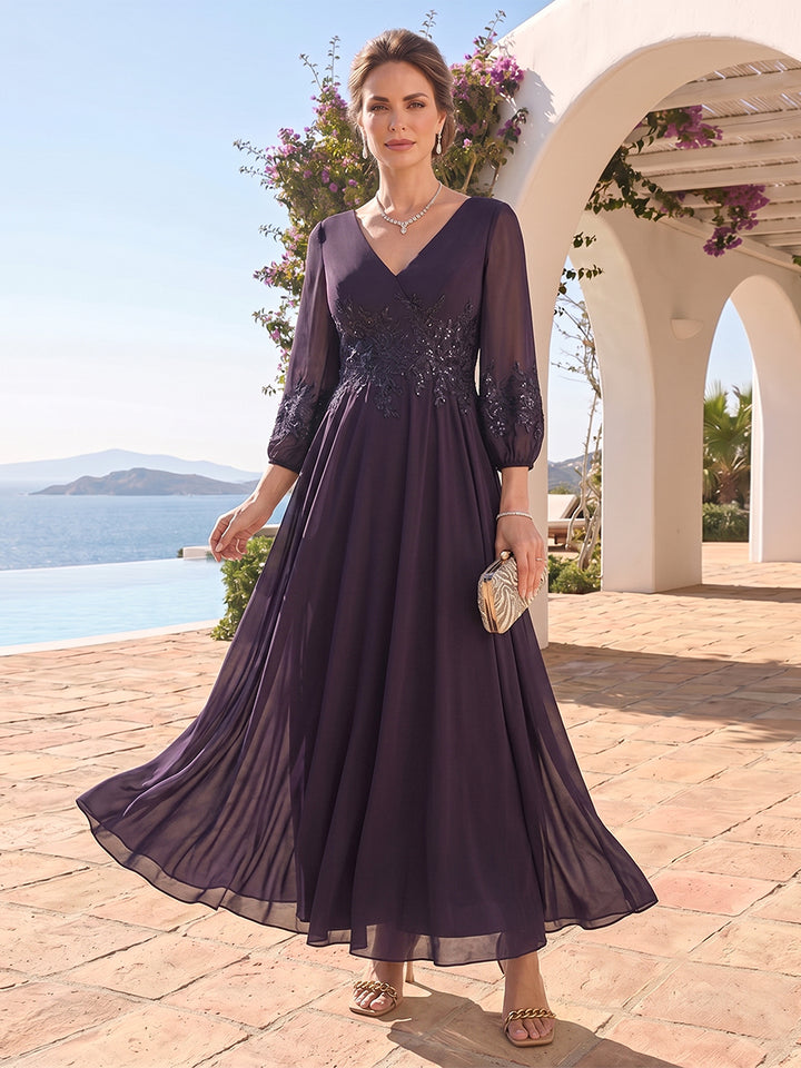 A-Line/Princess Ankle-Length 3/4 Sleeves V-Neck Mother of the Bride Dresses