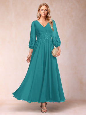 A-Line/Princess Ankle-Length 3/4 Sleeves V-Neck Mother of the Bride Dresses