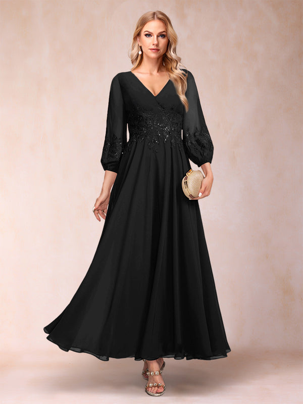A-Line/Princess Ankle-Length 3/4 Sleeves V-Neck Mother of the Bride Dresses