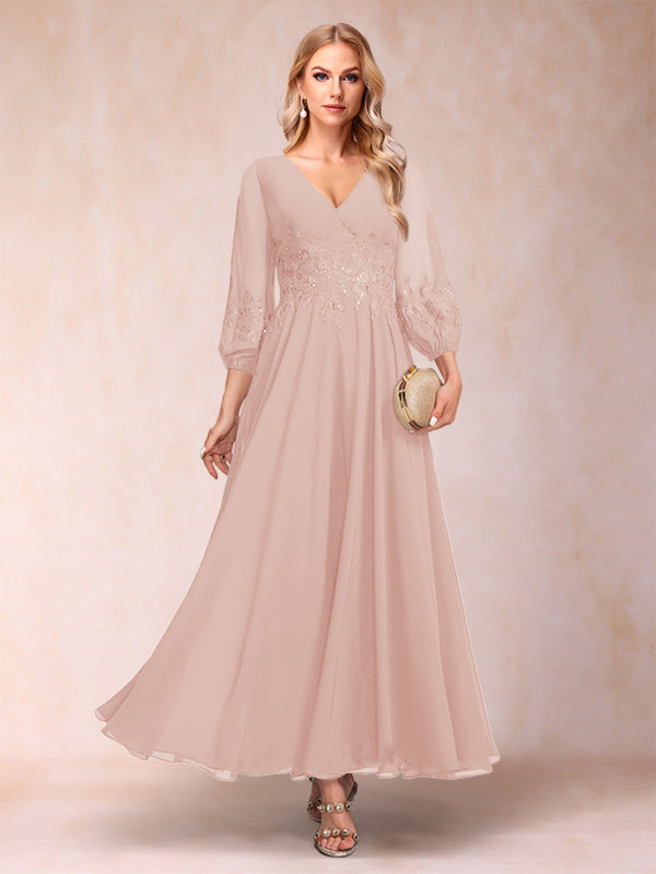 A-Line/Princess Ankle-Length 3/4 Sleeves V-Neck Mother of the Bride Dresses