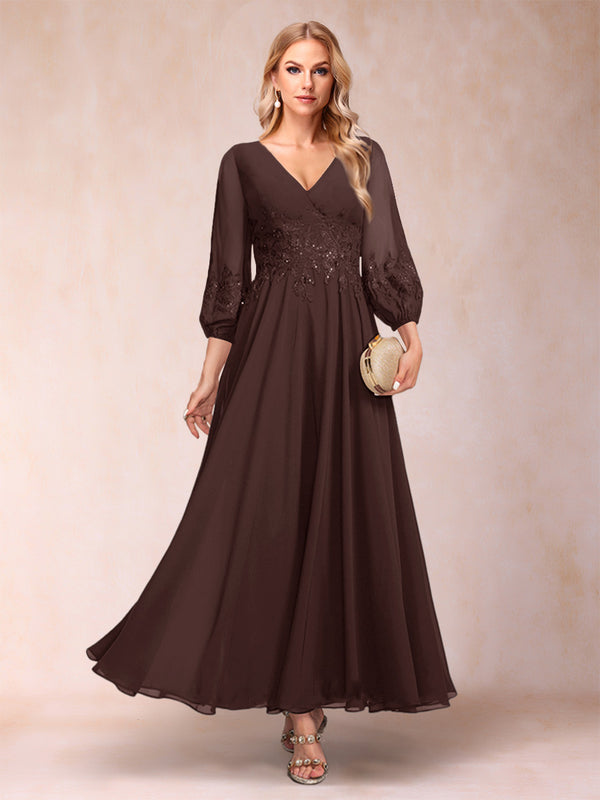 A-Line/Princess Ankle-Length 3/4 Sleeves V-Neck Mother of the Bride Dresses