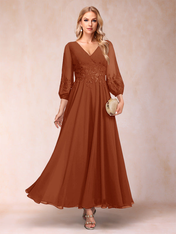 A-Line/Princess Ankle-Length 3/4 Sleeves V-Neck Mother of the Bride Dresses