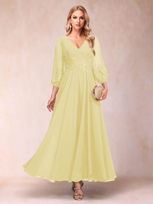 A-Line/Princess Ankle-Length 3/4 Sleeves V-Neck Mother of the Bride Dresses
