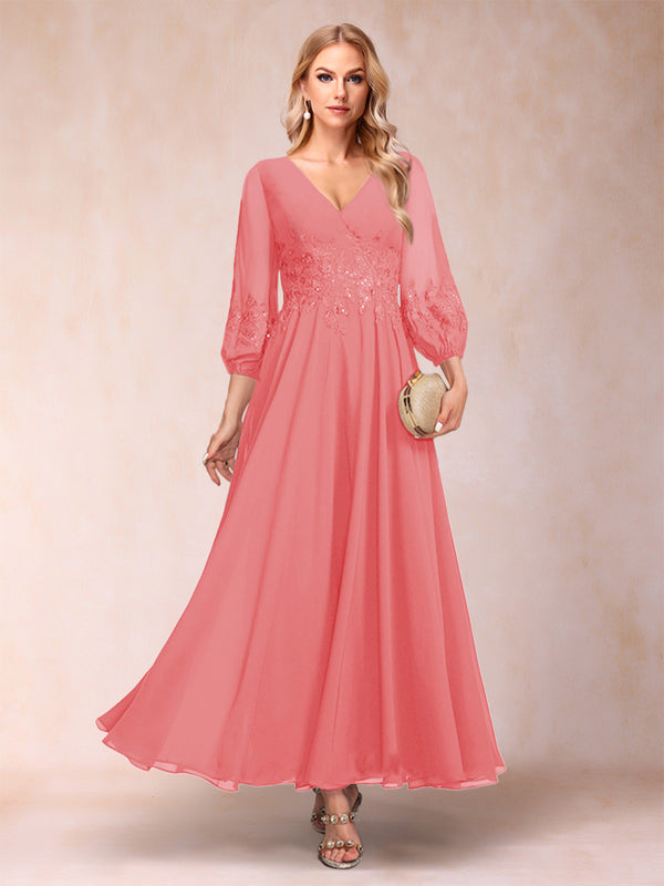 A-Line/Princess Ankle-Length 3/4 Sleeves V-Neck Mother of the Bride Dresses