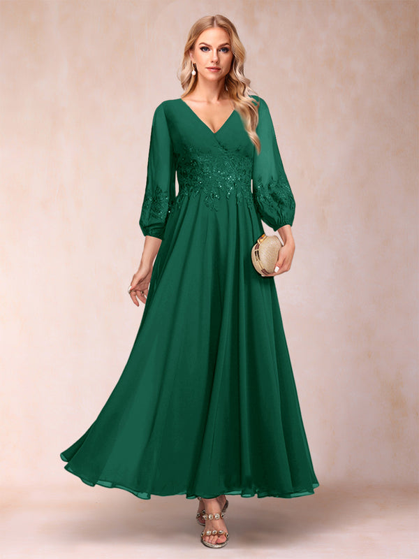 A-Line/Princess Ankle-Length 3/4 Sleeves V-Neck Mother of the Bride Dresses