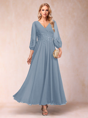 A-Line/Princess Ankle-Length 3/4 Sleeves V-Neck Mother of the Bride Dresses
