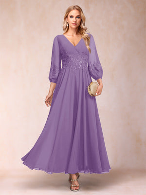 A-Line/Princess Ankle-Length 3/4 Sleeves V-Neck Mother of the Bride Dresses
