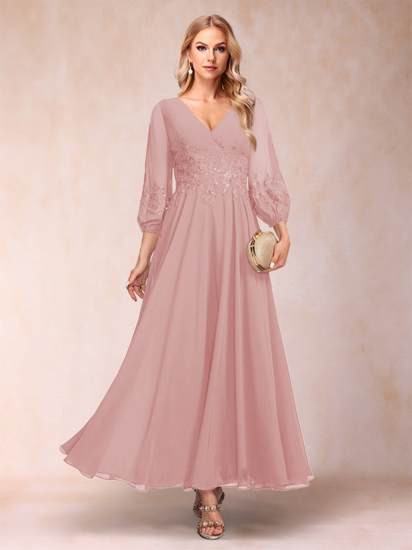 A-Line/Princess Ankle-Length 3/4 Sleeves V-Neck Mother of the Bride Dresses