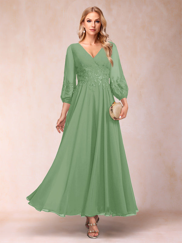 A-Line/Princess Ankle-Length 3/4 Sleeves V-Neck Mother of the Bride Dresses