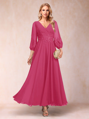 A-Line/Princess Ankle-Length 3/4 Sleeves V-Neck Mother of the Bride Dresses