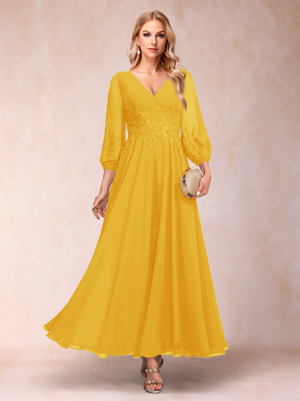 A-Line/Princess Ankle-Length 3/4 Sleeves V-Neck Mother of the Bride Dresses