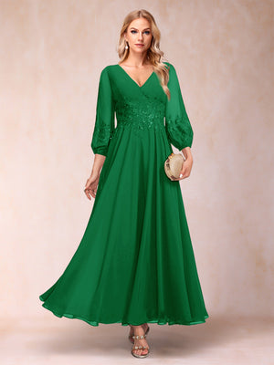 A-Line/Princess Ankle-Length 3/4 Sleeves V-Neck Mother of the Bride Dresses