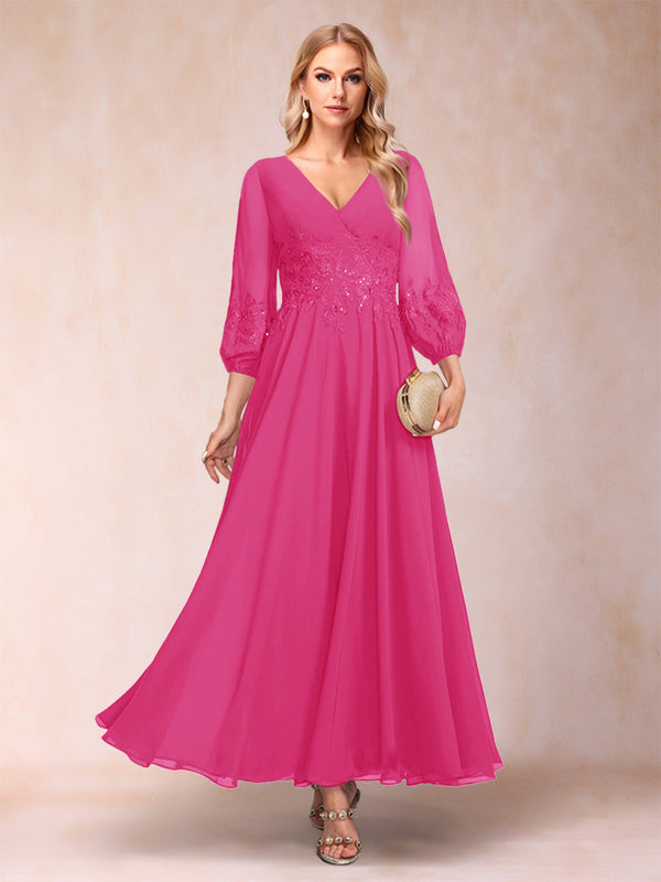 A-Line/Princess Ankle-Length 3/4 Sleeves V-Neck Mother of the Bride Dresses