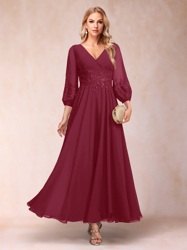 A-Line/Princess Ankle-Length 3/4 Sleeves V-Neck Mother of the Bride Dresses