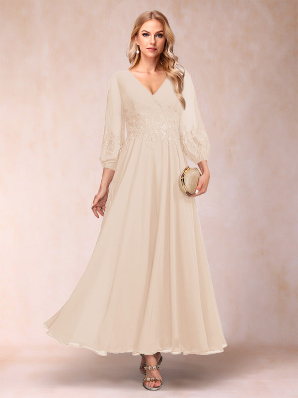 A-Line/Princess Ankle-Length 3/4 Sleeves V-Neck Mother of the Bride Dresses