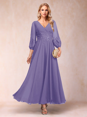 A-Line/Princess Ankle-Length 3/4 Sleeves V-Neck Mother of the Bride Dresses