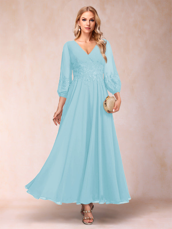 A-Line/Princess Ankle-Length 3/4 Sleeves V-Neck Mother of the Bride Dresses