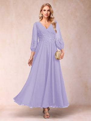A-Line/Princess Ankle-Length 3/4 Sleeves V-Neck Mother of the Bride Dresses