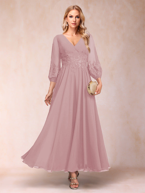 A-Line/Princess Ankle-Length 3/4 Sleeves V-Neck Mother of the Bride Dresses