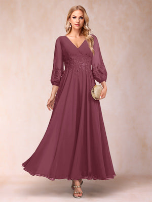 A-Line/Princess Ankle-Length 3/4 Sleeves V-Neck Mother of the Bride Dresses