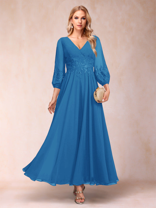A-Line/Princess Ankle-Length 3/4 Sleeves V-Neck Mother of the Bride Dresses