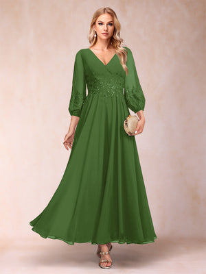 A-Line/Princess Ankle-Length 3/4 Sleeves V-Neck Mother of the Bride Dresses