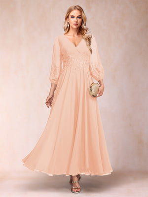 A-Line/Princess Ankle-Length 3/4 Sleeves V-Neck Mother of the Bride Dresses