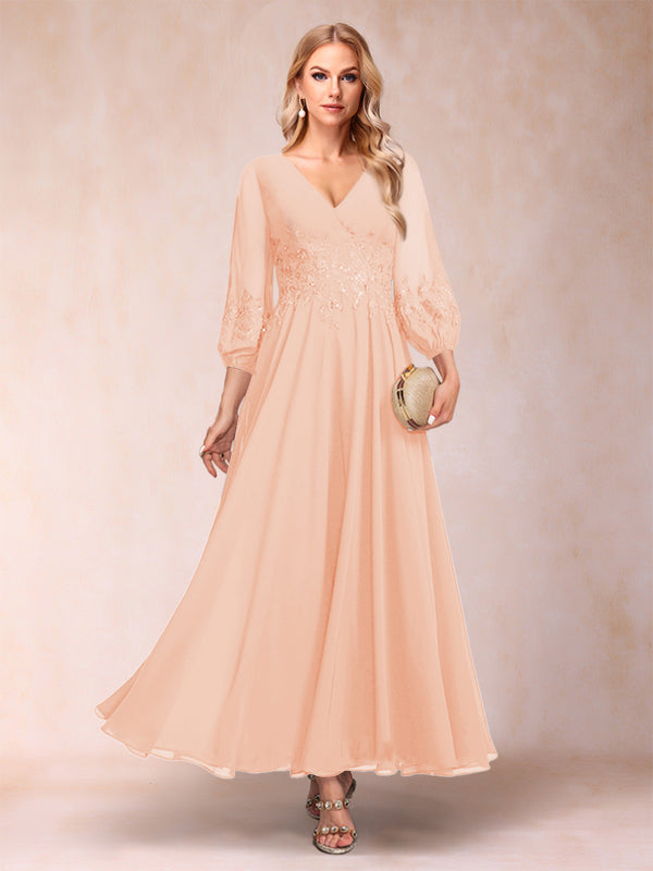 A-Line/Princess Ankle-Length 3/4 Sleeves V-Neck Mother of the Bride Dresses
