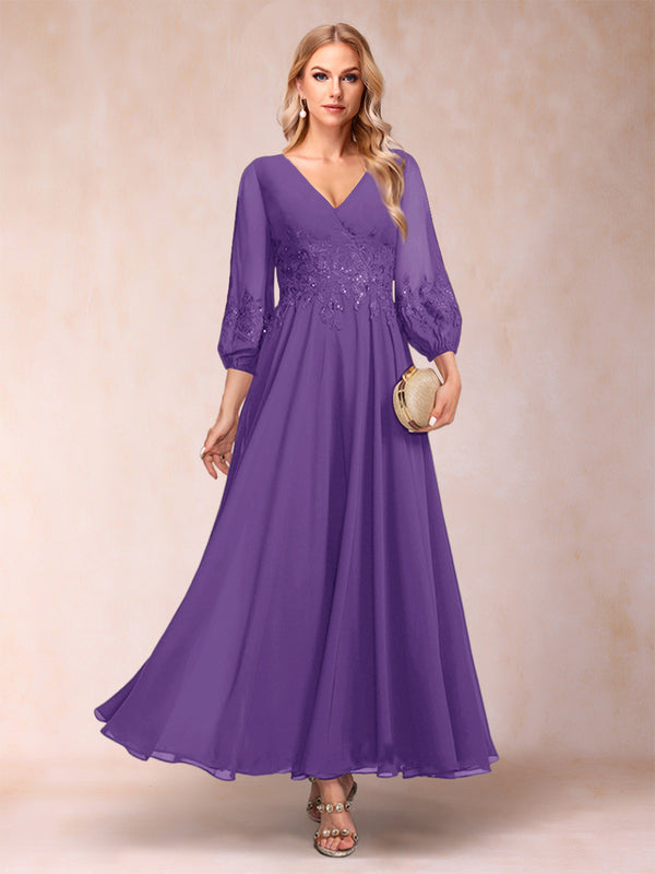 A-Line/Princess Ankle-Length 3/4 Sleeves V-Neck Mother of the Bride Dresses