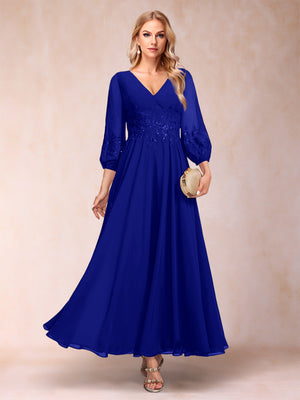 A-Line/Princess Ankle-Length 3/4 Sleeves V-Neck Mother of the Bride Dresses